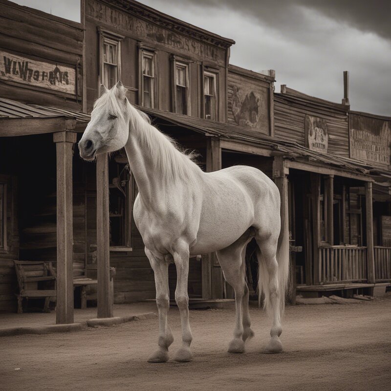 Illustration for the Pale Horse story — a ghostly white horse on the streets of Tombstone